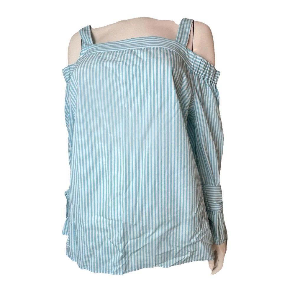 MICHAEL Michael Kors Aqua Cotton Poly  Striped Cold Shoulder Top Tie Sleeve L
